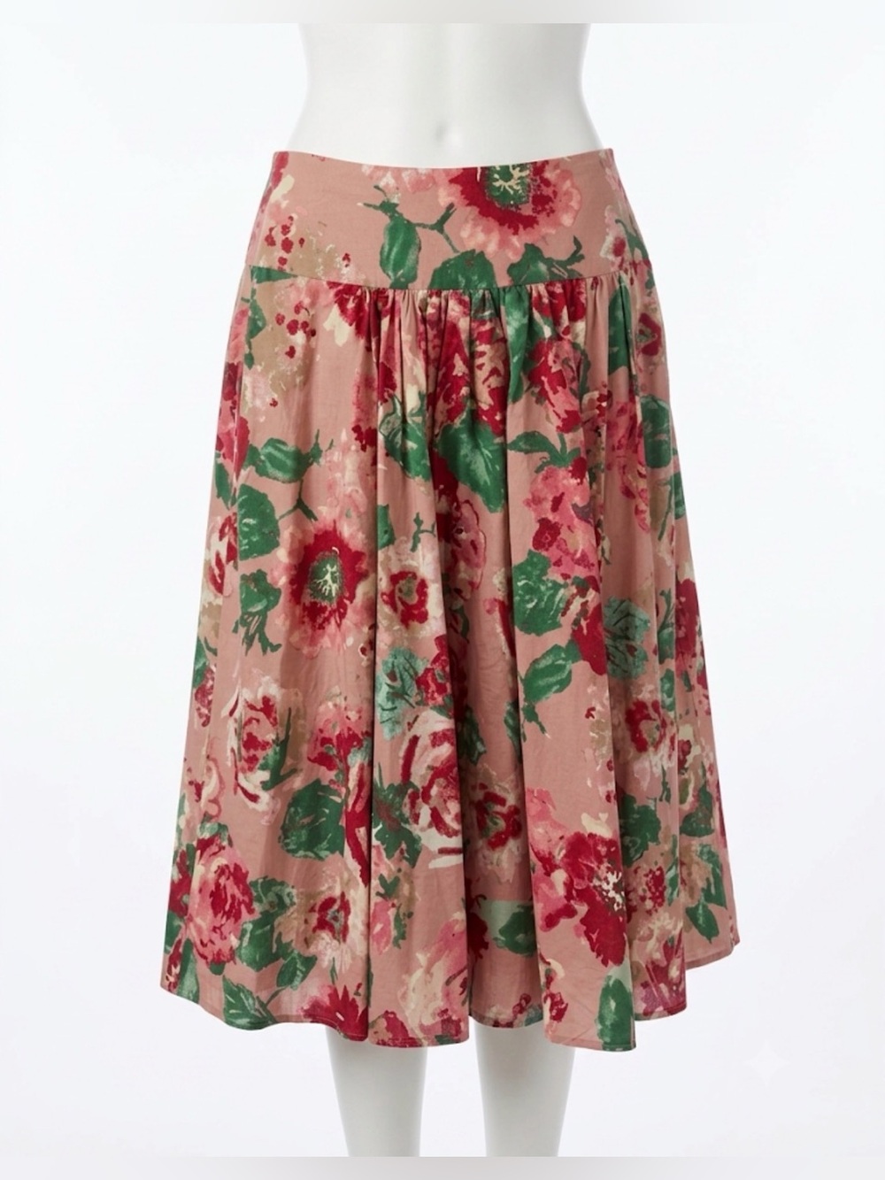 Talbots Pink Floral Circle Skirt with roses and Green Leaves